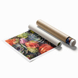 Vibrant botanical wall art print featuring an array of colorful succulents, elegantly designed for home decor, showcasing intricate details on a rolled canvas.