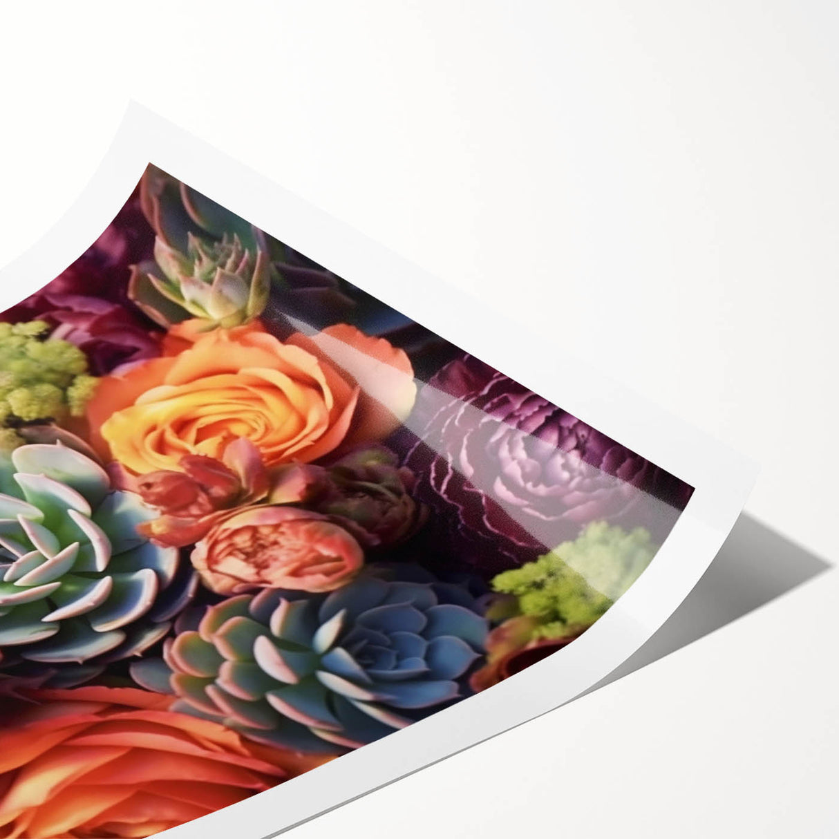 Botanical wall art print featuring a vibrant collection of succulents in various colors, beautifully designed for home decor, rolled and ready for framing.