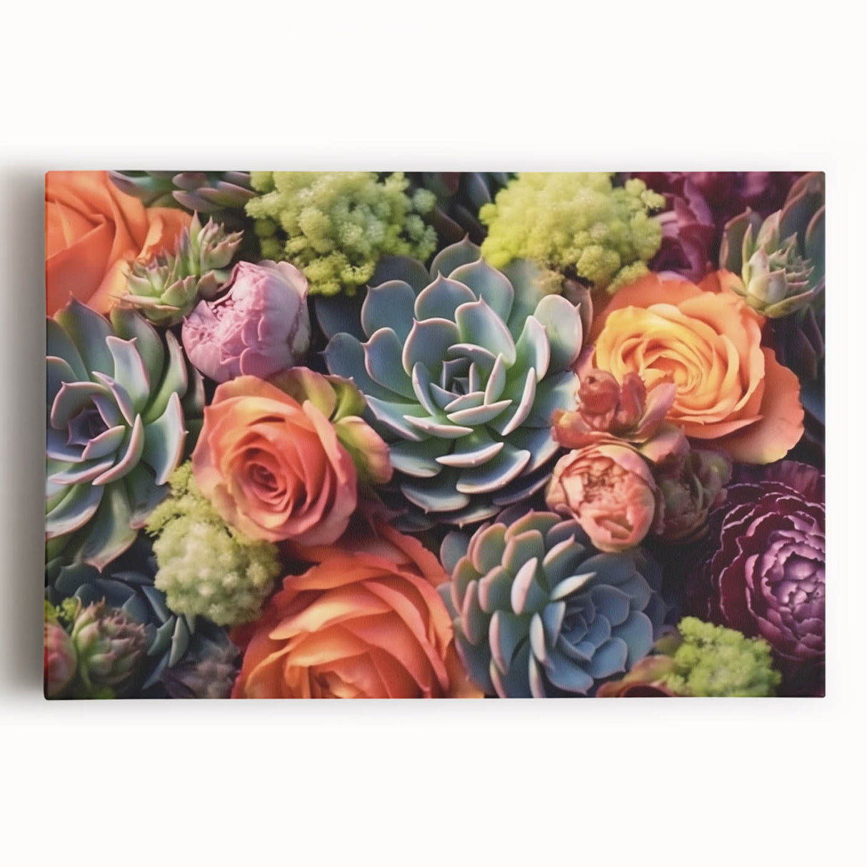 Stretched canvas wall art design showcasing a vibrant arrangement of botanical succulents in various colors, ideal for home decor and plant lovers.