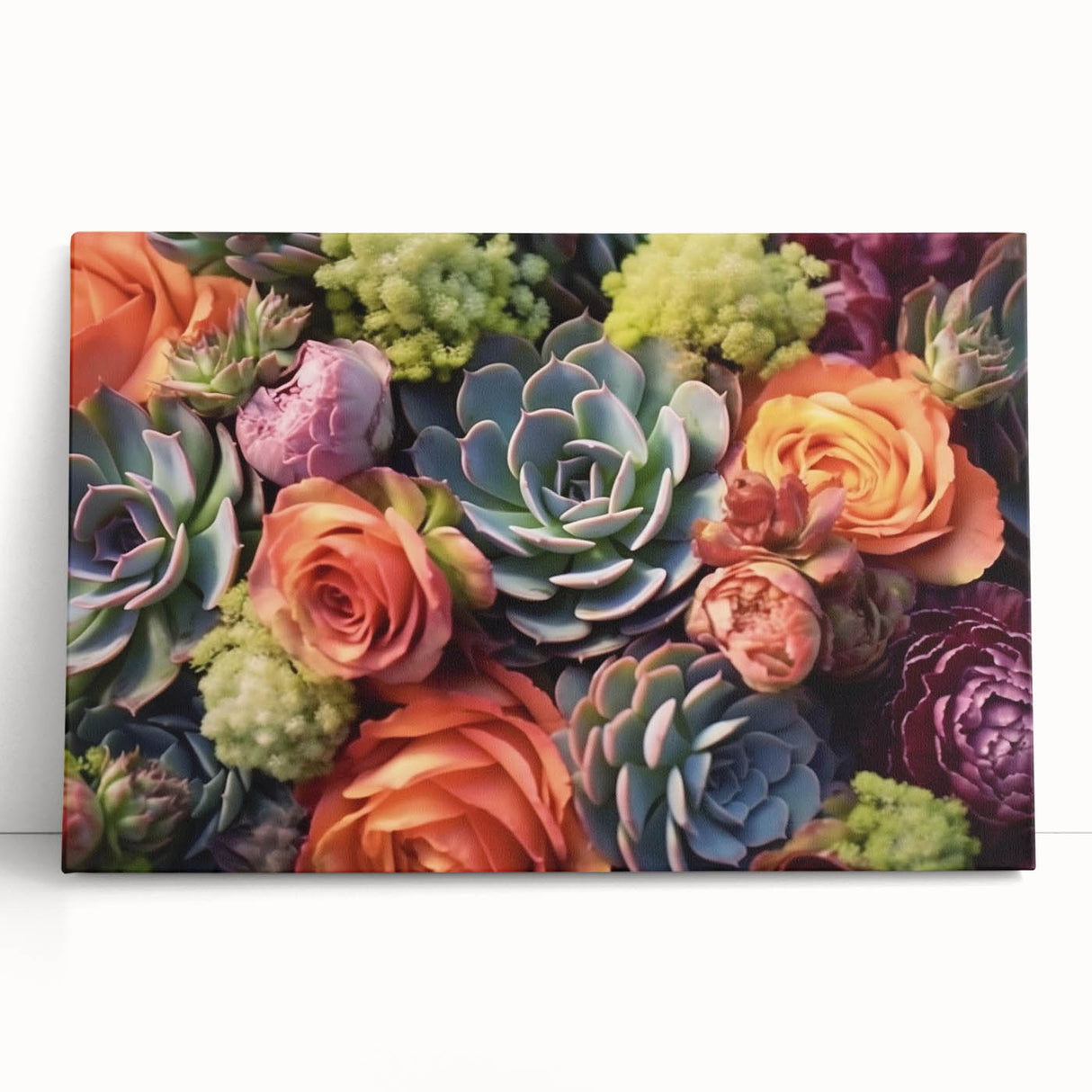 Colorful botanical wall art featuring a collection of various succulents, elegantly presented on stretched canvas and leaning against a neutral wall, perfect for home decor.