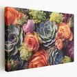 Stretched canvas wall art showcasing a vibrant botanical design featuring assorted succulents in various colors, perfect for home decor. Ideal for enhancing interior spaces with nature-inspired aesthetics.