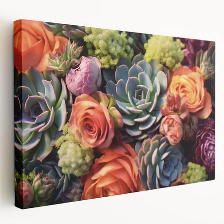 Stretched canvas wall art showcasing a vibrant botanical design featuring assorted succulents in various colors, perfect for home decor. Ideal for enhancing interior spaces with nature-inspired aesthetics.