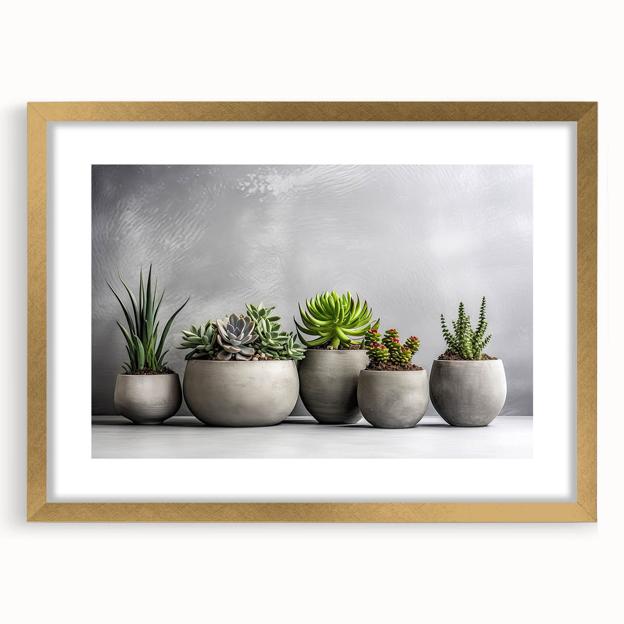 Succulent wall art collection framed in gold, showcasing vibrant botanical designs with a matte finish. Perfect for home decor enthusiasts seeking modern elegance.