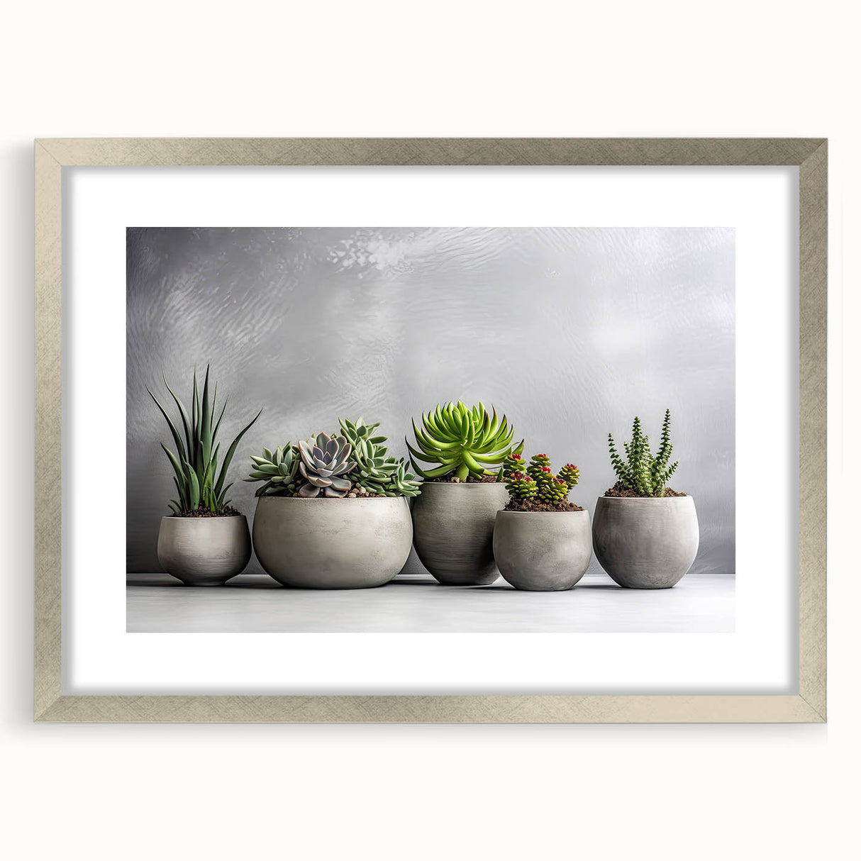 Botanical wall art collection featuring an elegant silver-framed design with lush succulent illustrations, perfect for home decor. Ideal for plant lovers seeking a modern aesthetic.