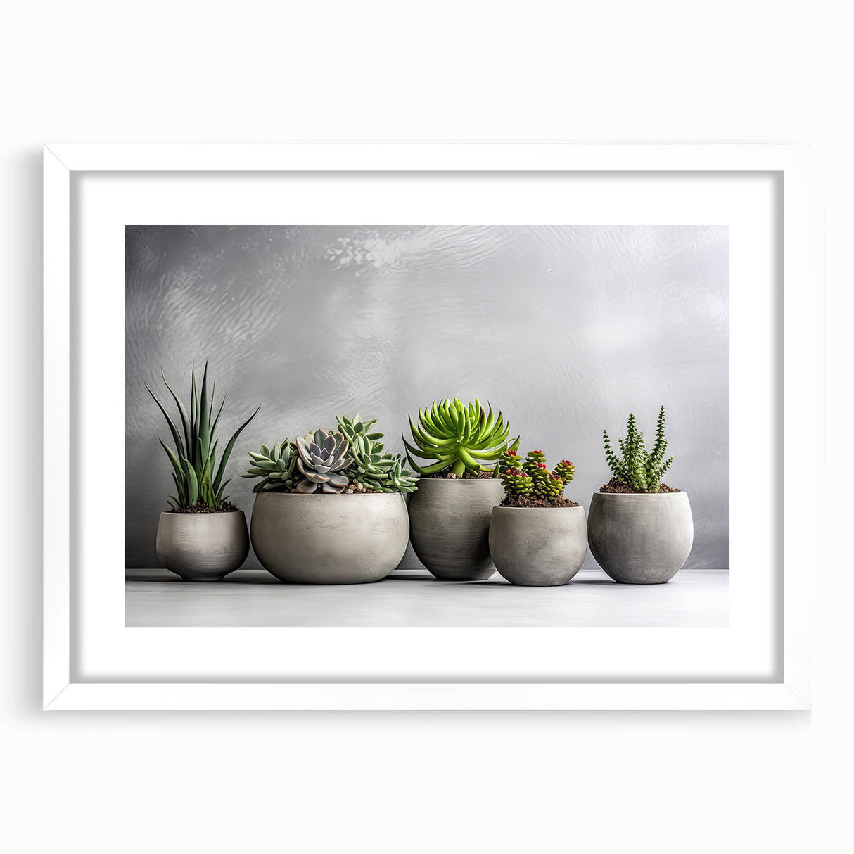 Wall art featuring a botanical design of colorful succulents in a framed format with a white mat, perfect for home decor or plant lovers.