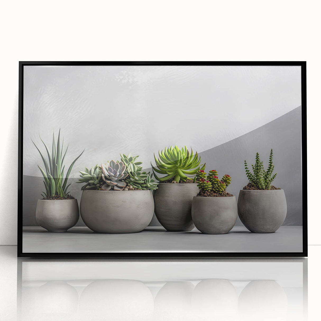 Framed wall art featuring a vibrant botanical design of succulents in a black frame, showcasing intricate details and vibrant colors, perfect for home decor.