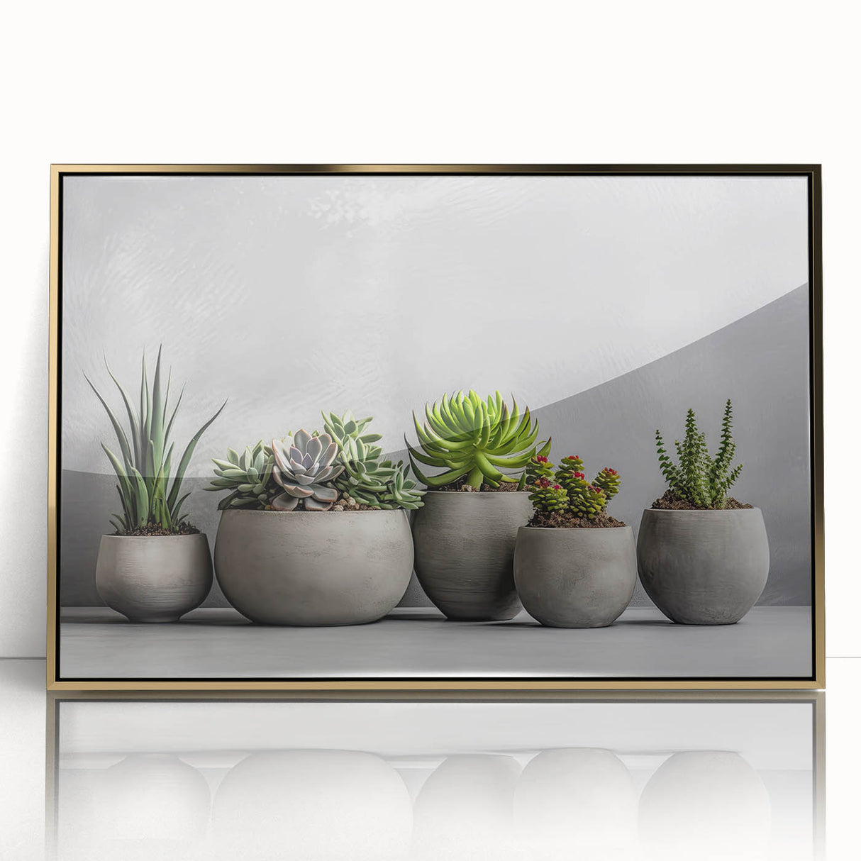 Framed wall art featuring a botanical design of colorful succulents in gold-accented acrylic, ideal for adding a vibrant touch to home decor.