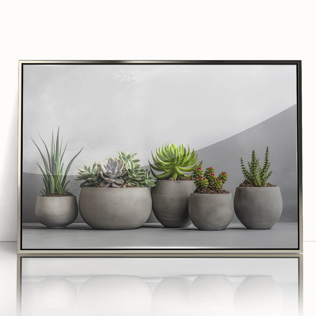 Framed wall art featuring a botanical design of colorful succulents in a silver-acrylic frame, perfect for modern home decor accents and nature enthusiasts.