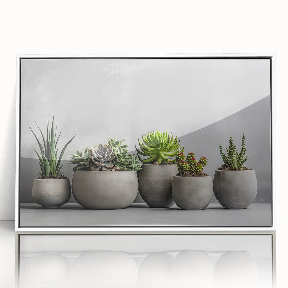 Framed wall art showcasing a vibrant botanical design featuring assorted succulents in various shades of green, displayed against a sleek white background, perfect for home decor.
