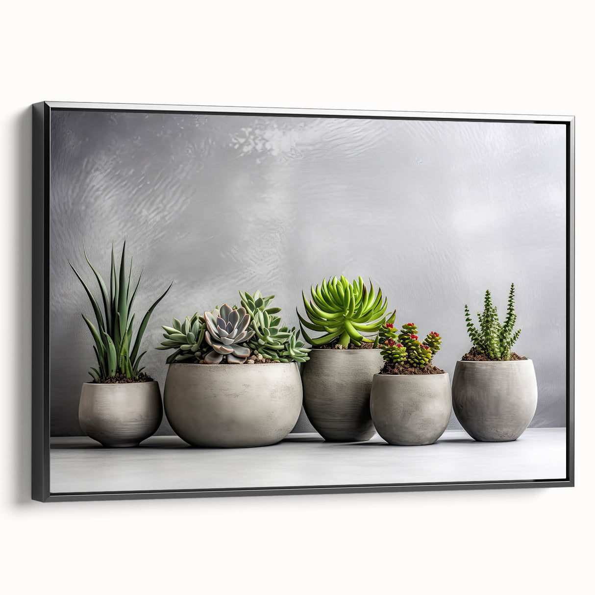 Framed wall art showcasing a botanical succulent design on canvas, featuring vibrant green hues and intricate details, displayed against a black background. Perfect for home decor.