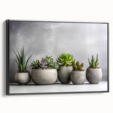 Framed wall art showcasing a botanical succulent design on canvas, featuring vibrant green hues and intricate details, displayed against a black background. Perfect for home decor.