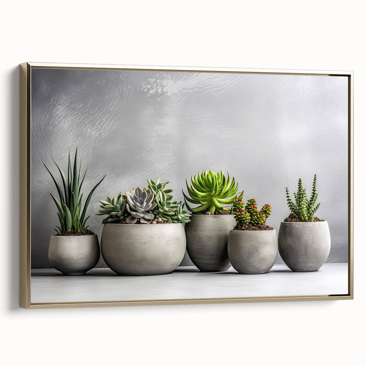 Framed botanical wall art featuring a vibrant succulent design with gold accents, showcasing a side view of the canvas that enhances any modern decor.
