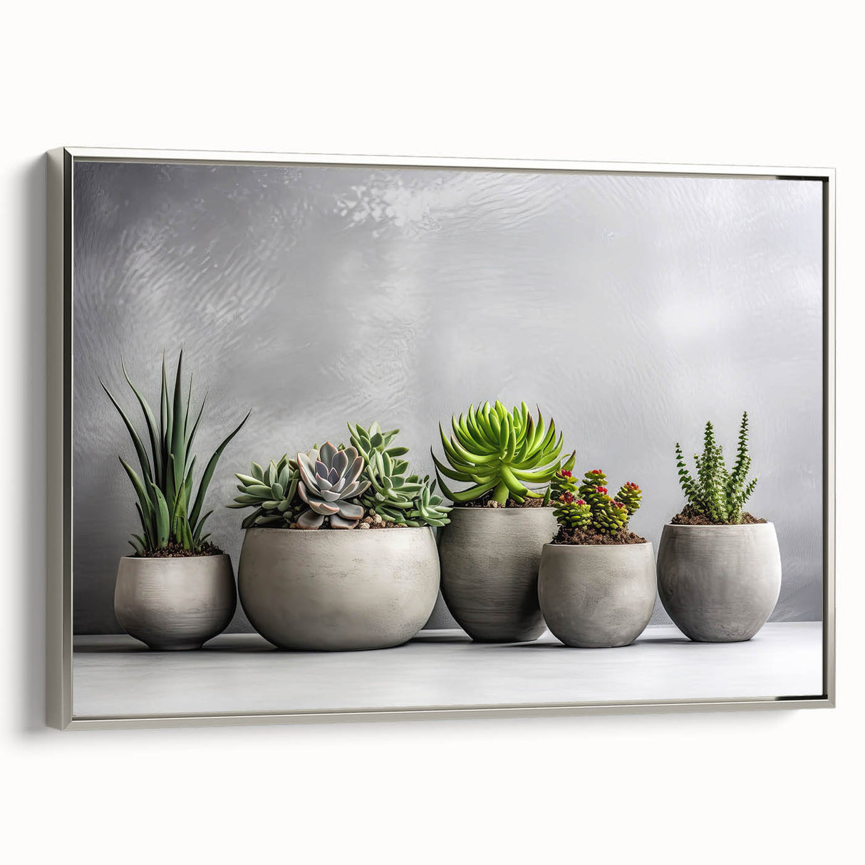 Framed wall art featuring a botanical design of colorful succulents presented in a sleek silver frame, ideal for modern home decor and plant enthusiasts.