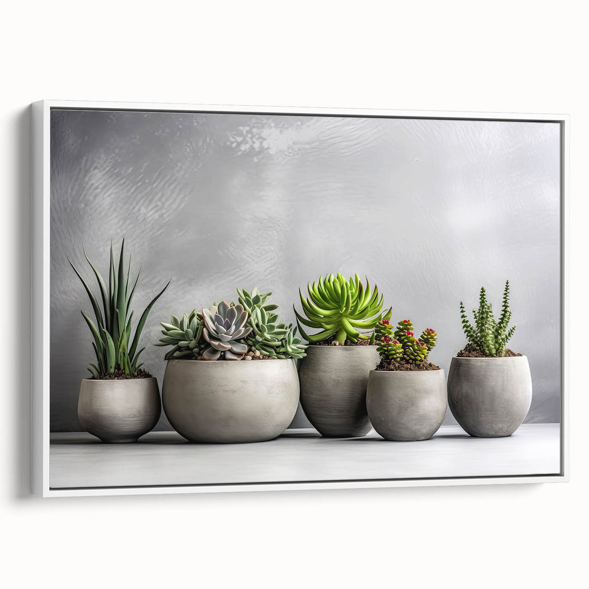 Framed canvas wall art showcasing a botanical design of colorful succulents, set against a white background, highlighting the intricate details and textures of the plants.