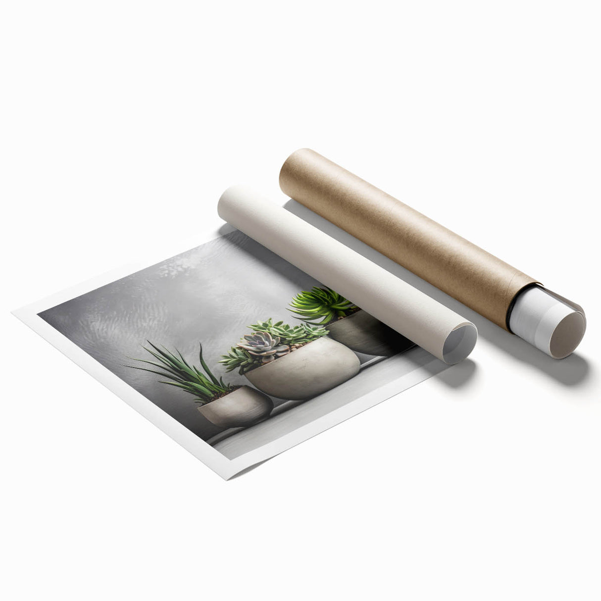 Botanical wall art print featuring vibrant succulents and flowers in an intricate design, ideal for home decor. The rolled artwork is perfect for framing and adds a touch of nature to any space.