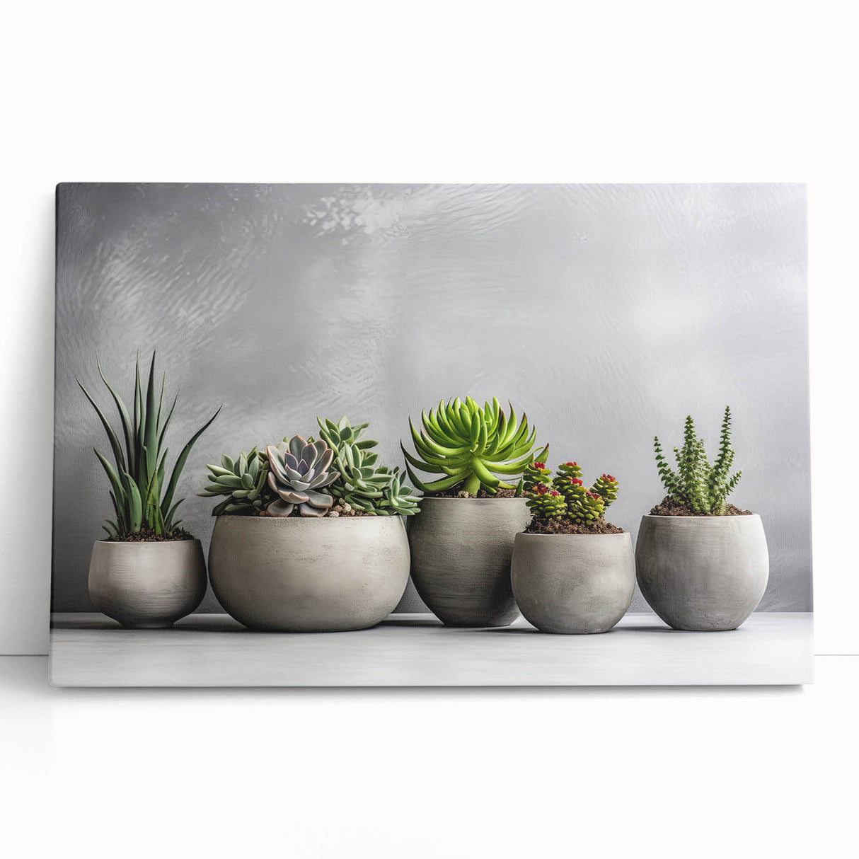 Stretched canvas art showcasing a vibrant botanical design of succulents and colorful flowers, perfect for adding a fresh touch to home decor.