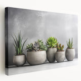 Stretched canvas wall art featuring a vibrant botanical design with colorful succulents and floral elements, displayed from a side view, perfect for home decor.