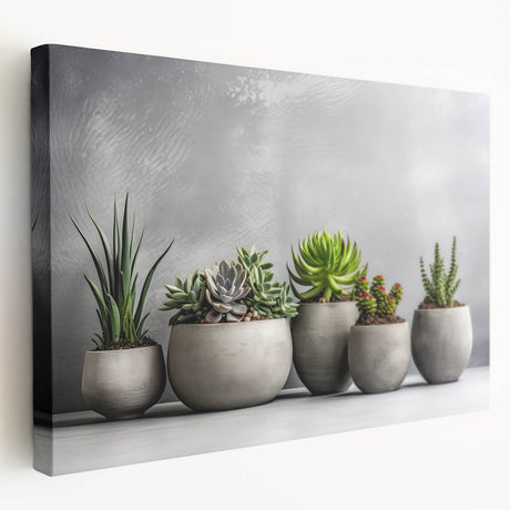 Stretched canvas wall art featuring a vibrant botanical design with colorful succulents and floral elements, displayed from a side view, perfect for home decor.