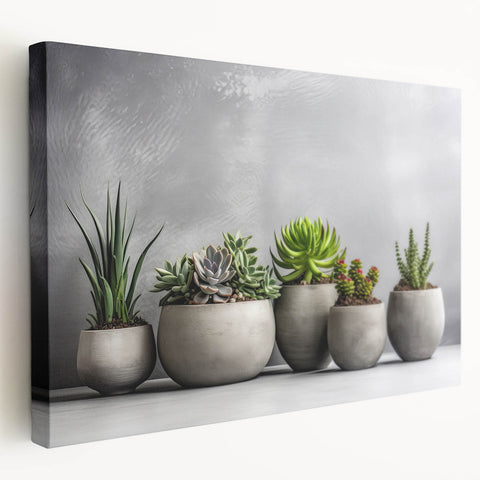 Stretched canvas wall art featuring a vibrant botanical design with colorful succulents and floral elements, displayed from a side view, perfect for home decor.