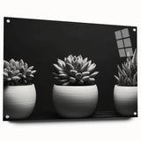 Side view of a botanical wall art piece showcasing vibrant succulent designs on acrylic glass, complemented by decorative pins for easy hanging, ideal for home decor.