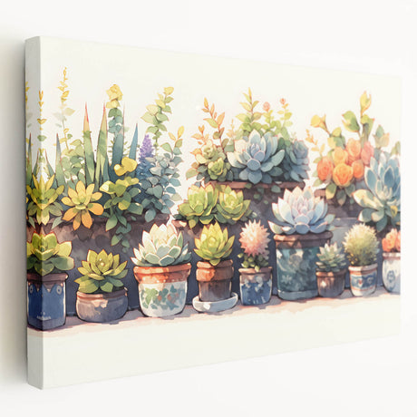 Stretched canvas wall art showcasing a vibrant botanical design featuring various succulents in vivid colors, perfect for home decor. Ideal for nature lovers.
