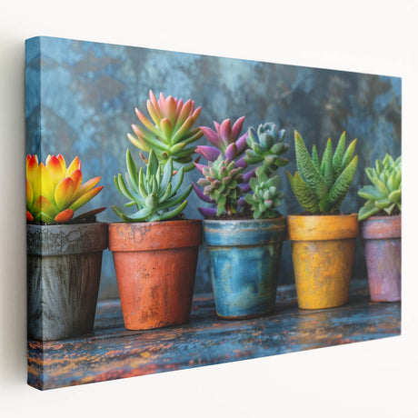 Stretched canvas wall art showcasing a vibrant botanical design featuring succulents in various shades of green and pink, perfect for home decor.