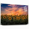 Acrylic wall art featuring a vibrant botanical sunflower design, showcasing intricate details and bright yellow petals, displayed from a side view with mounting pins. Ideal for enhancing home decor with a touch of nature-inspired elegance.