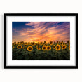 Black-framed botanical wall art featuring a vibrant sunflower design, elegantly displayed with a mat, perfect for home decor or gift-giving.