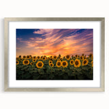 Framed botanical wall art featuring a vibrant sunflower design, encased in a sleek silver frame with a white mat, perfect for adding a touch of nature to home decor.