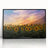 Framed wall art showcasing a vibrant sunflower botanical design, featuring a sleek black frame and acrylic finish, perfect for home decor.