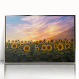 Framed acrylic wall art featuring a vibrant botanical sunflower design with a silver frame, perfect for brightening up any space with a natural touch.