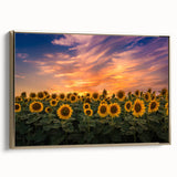 Framed wall art featuring a botanical sunflower design on a gold background, showcasing vibrant yellow petals and intricate details, perfect for home decor.