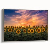 Framed botanical wall art featuring a vibrant sunflower design with a silver frame, ideal for adding a touch of nature-inspired elegance to home decor.
