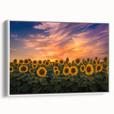 Framed canvas wall art featuring a vibrant botanical sunflower design in a sleek white frame, showcasing vivid yellow petals and rich green leaves, ideal for home decor.