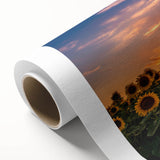 Bright and vibrant rolled canvas wall art featuring a botanical sunflower design, showcasing intricate details and rich yellow hues, perfect for home decor.