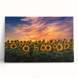 Vibrant botanical sunflower wall art design on stretched canvas, showcasing bright yellow petals and green leaves, perfect for home decor and adding a touch of nature.