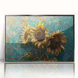 Framed botanical wall art showcasing a vibrant sunflower design with a sleek silver frame, perfect for brightening home decor and adding a touch of nature.