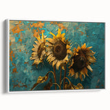 Framed canvas wall art featuring a vibrant botanical sunflower design, showcasing bright yellow petals against a white background, ideal for home decor.