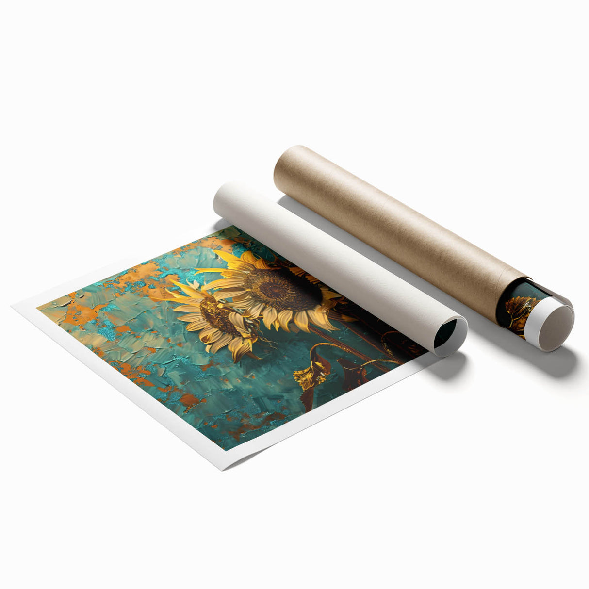 Botanical wall art print featuring vibrant sunflowers on a textured background, rolled for easy display and transportation, perfect for home decor enthusiasts.