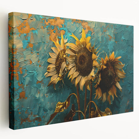 Stretched canvas wall art depicting vibrant yellow sunflowers against a botanical background, showcasing intricate details and a side view for depth perception.