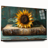 Acrylic glass wall art showcasing a vibrant botanical sunflower design, highlighting intricate details and colors, displayed with pins against a neutral background.