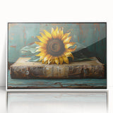 Framed wall art showcasing a vibrant botanical sunflower design, set in a sleek white frame, ideal for brightening up any room's decor.
