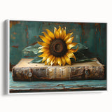 Framed canvas wall art featuring a vibrant botanical sunflower design with a white background, showcasing intricate details and rich colors, ideal for home decor.