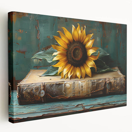 Side view of a stretched canvas wall art featuring a vibrant botanical sunflower design, showcasing rich yellow petals and green leaves, ideal for home decor.