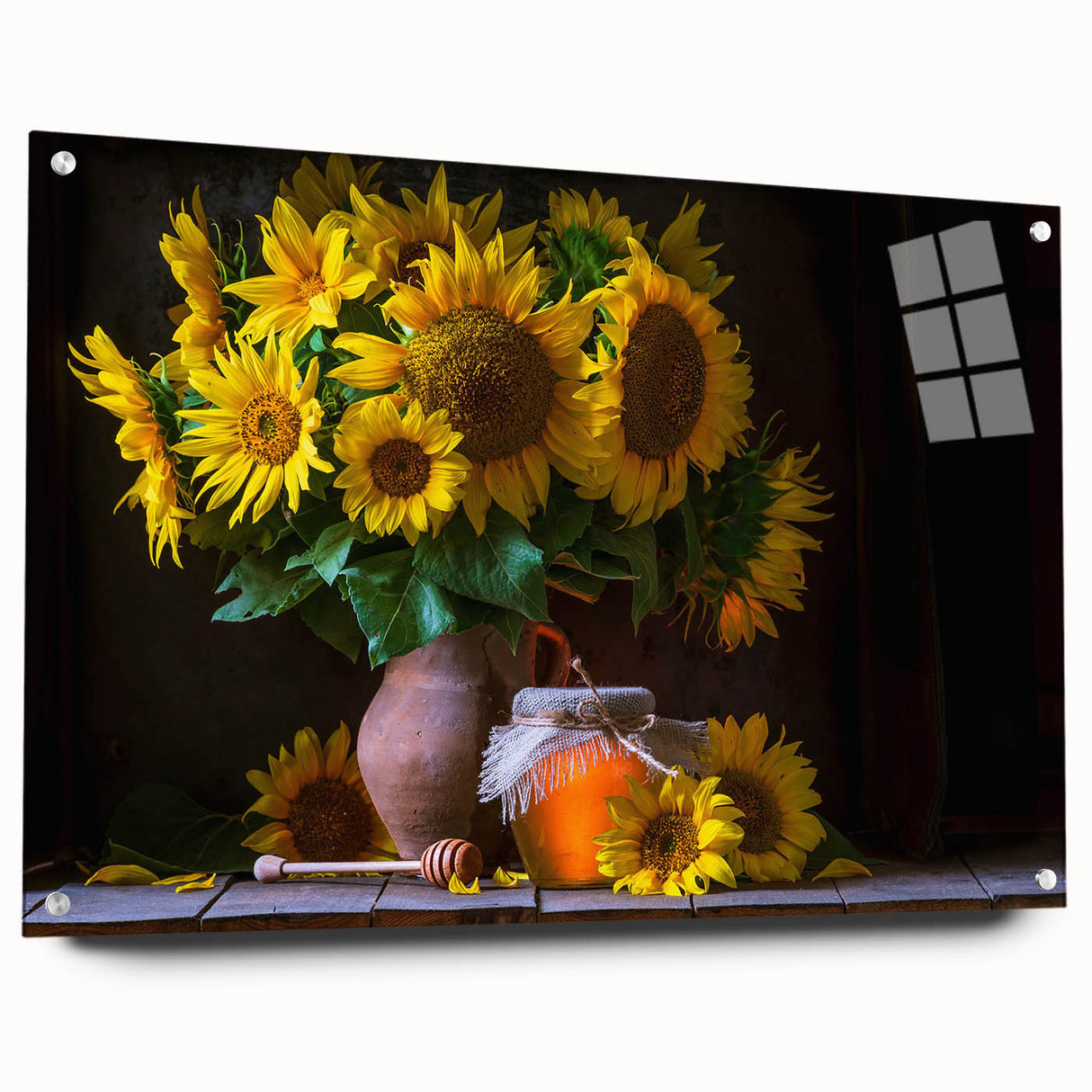 Side view of an acrylic glass wall art piece featuring a vibrant sunflower botanical design, showcasing its sleek edges and pin mounting, perfect for home decor.