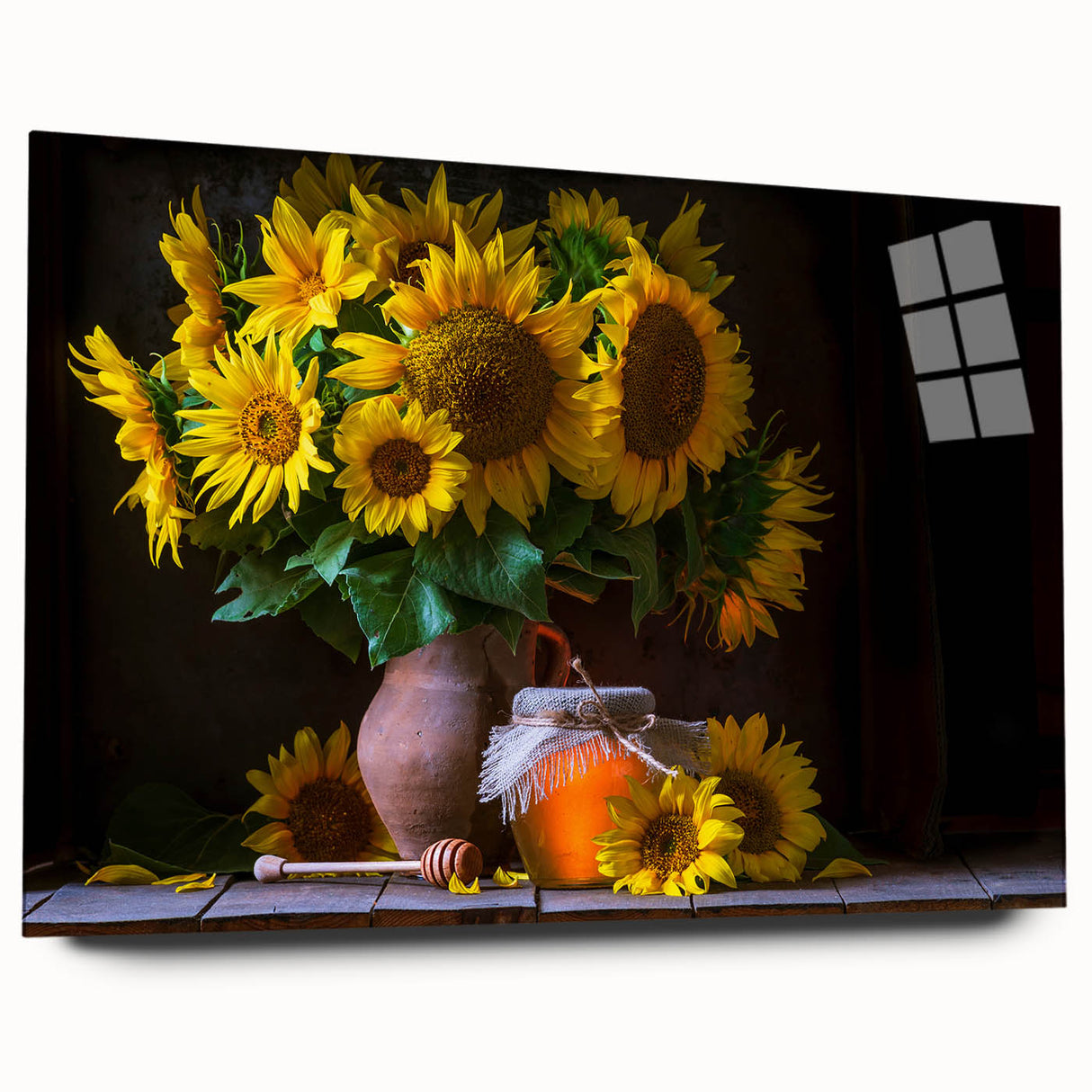 Side view of a botanical sunflower wall art design printed on acrylic glass, showcasing vibrant yellow flowers against a clear background, perfect for home decor.