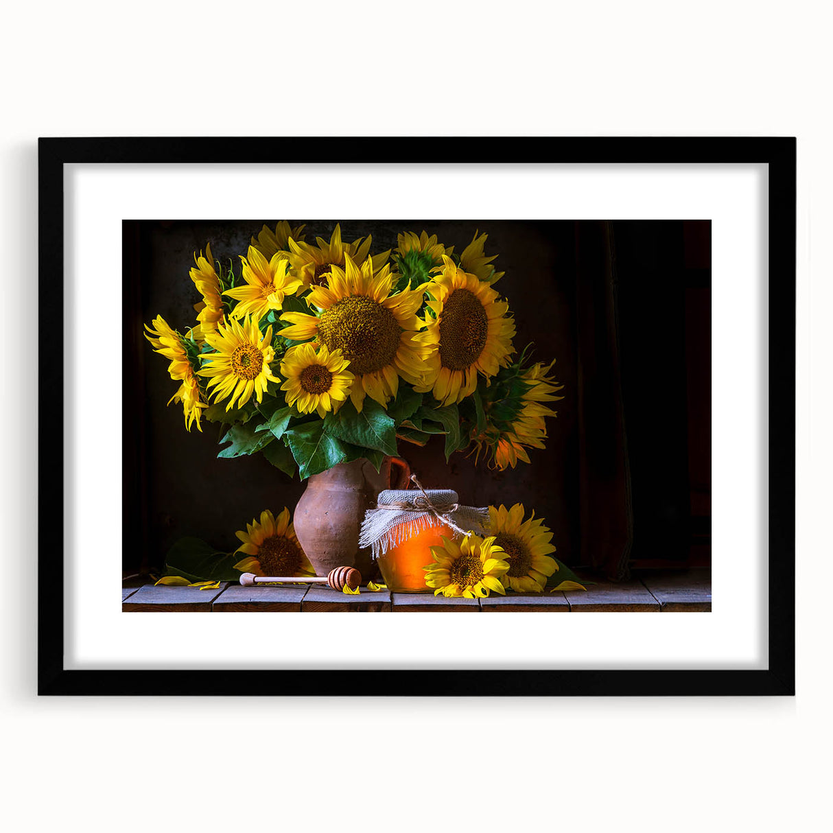 Elegant botanical wall art featuring a vibrant sunflower design framed in black, showcasing intricate details and a matte finish, perfect for home decor.