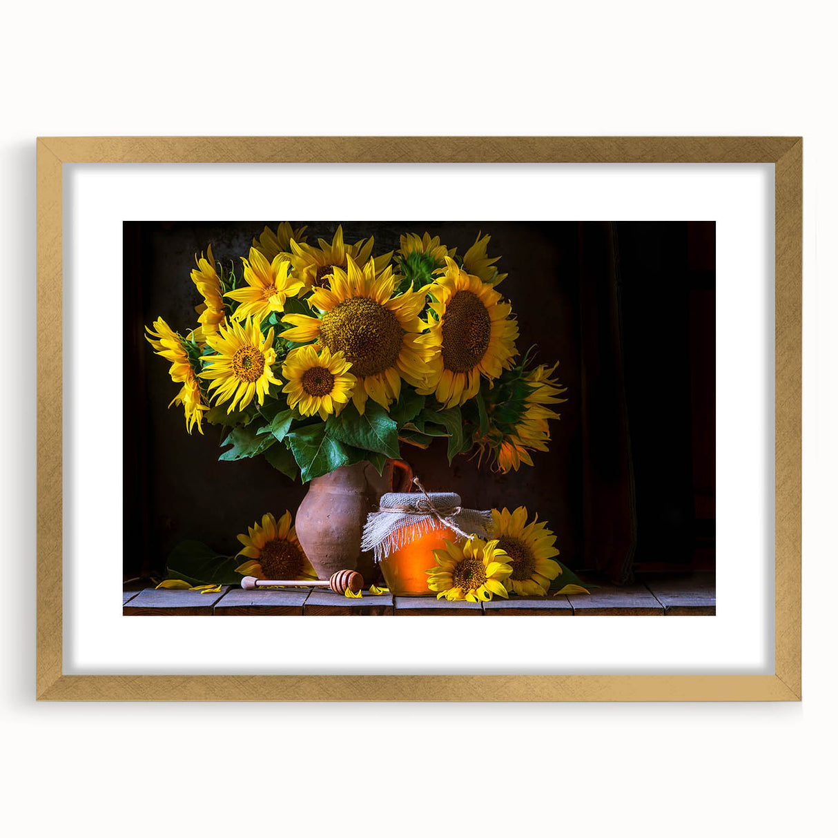 Botanical sunflower wall art design in a gold frame with matting, showcasing vibrant yellow petals and intricate details, perfect for brightening any space.