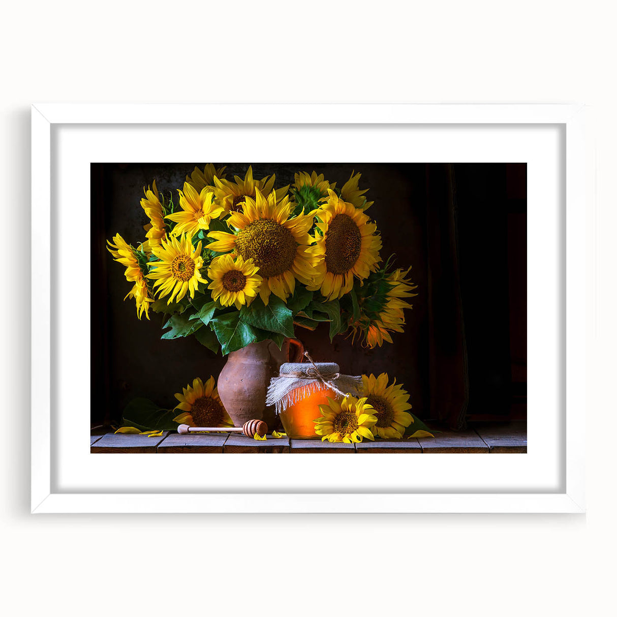 Botanical wall art featuring a vibrant sunflower design in a white frame with a mat, perfect for adding a cheerful touch to home decor. Ideal for nature lovers.