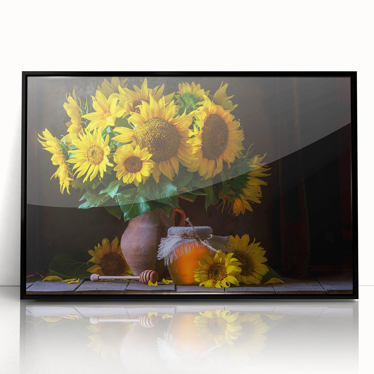Framed botanical wall art showcasing a vibrant sunflower design with a sleek black frame, ideal for home decor or office enhancement, adding a touch of nature.